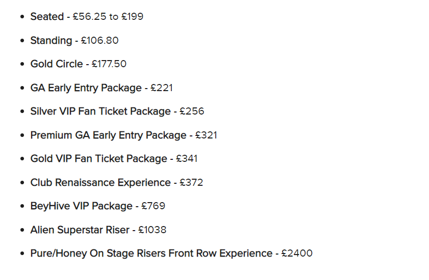 beyonce tour ticket prices london