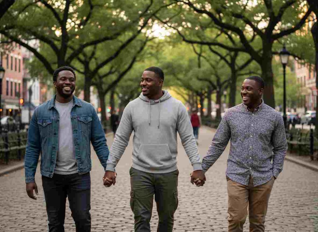 three black queer men holding hands gay chosen family community support wellbeing
