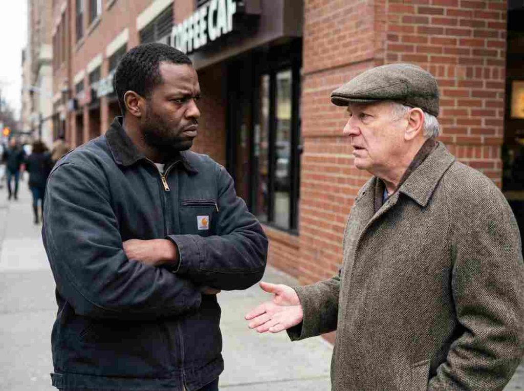 A black man standing with an older white man as they discuss about bbc fetishisation and racial objectification on Grindr.