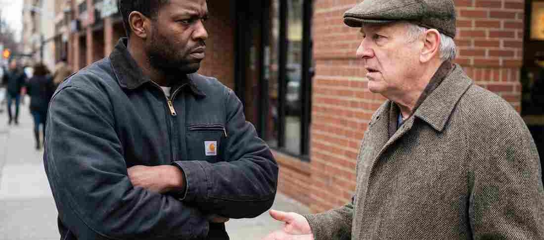 A black man standing with an older white man as they discuss about bbc fetishisation and racial objectification on Grindr.