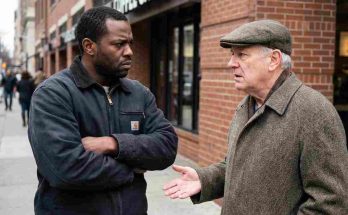 A black man standing with an older white man as they discuss about bbc fetishisation and racial objectification on Grindr.