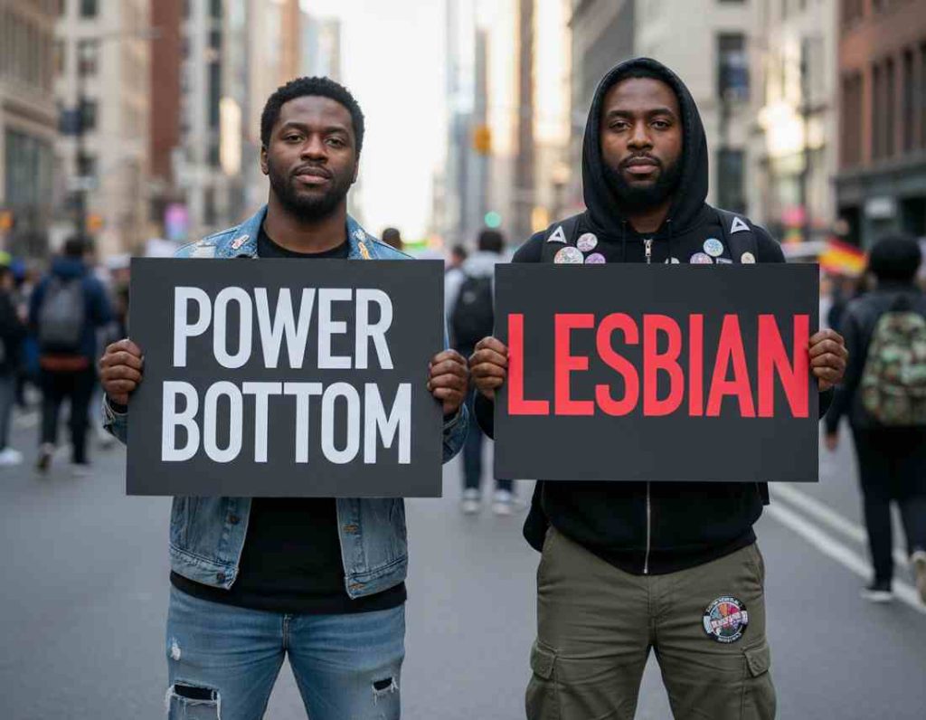 Two Black gay and bisexual men holding placards. One says Power Bottom. The other placard says Lesbian Placard background - Black Text on Placard 1 - White Text on Placard 2 - Red...example of absurdist reframing