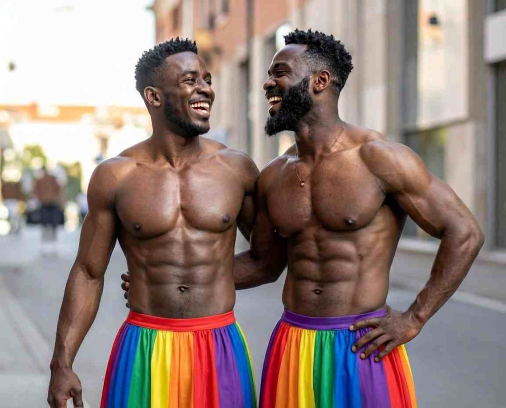 Two muscled Black gay men wearing rainbow-colored skirts to demonstrate the power of absurdity in breaking stigma and role associated pressures and anxiety.