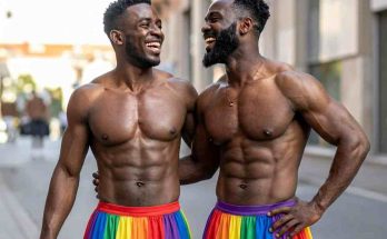 Two muscled Black gay men wearing rainbow-colored skirts to demonstrate the power of absurdity in breaking stigma and role associated pressures and anxiety.