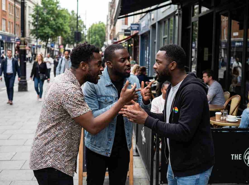 a group of Black gay men arguing following a disagreement over sex roles and toxic masculinity and gossiping