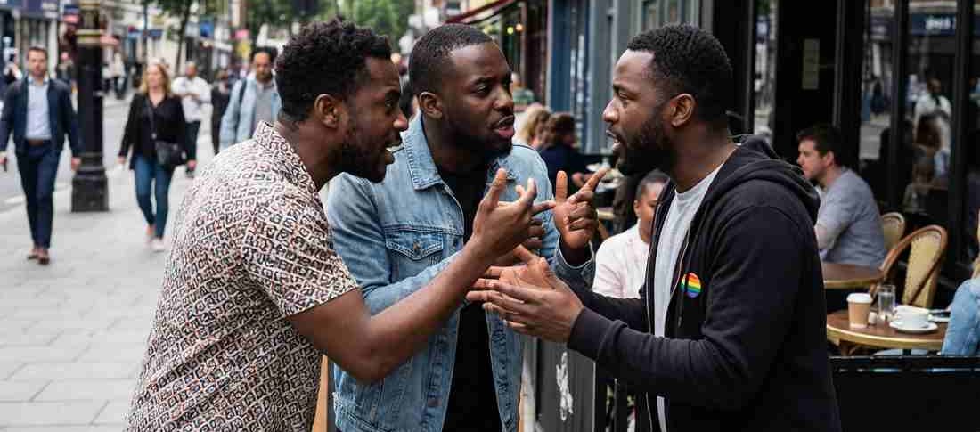 a group of Black gay men arguing following a disagreement over sex roles and toxic masculinity and gossiping
