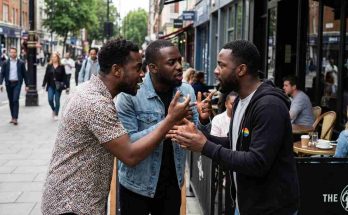 a group of Black gay men arguing following a disagreement over sex roles and toxic masculinity and gossiping